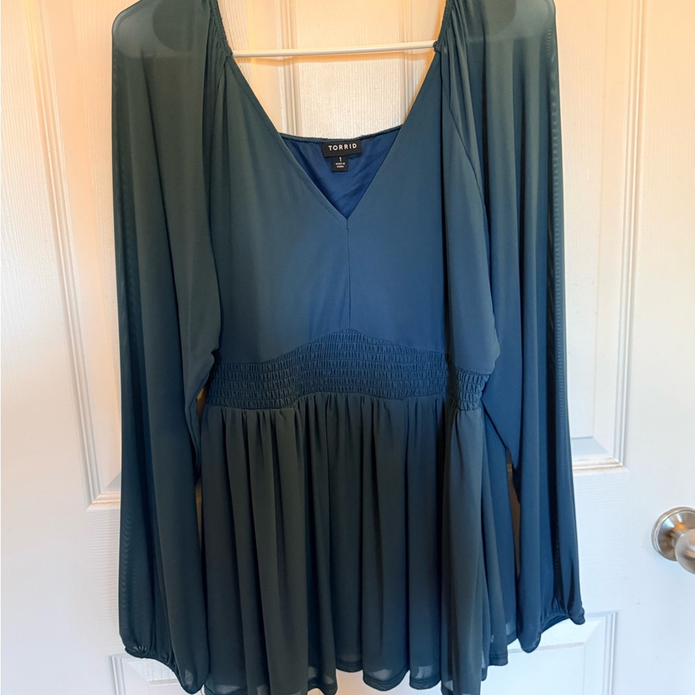 Blue Mesh Peasant Babydoll Top - Picture 2 of 3